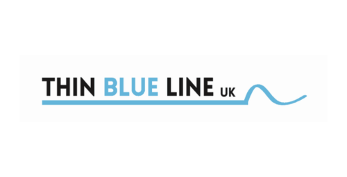 The Thin Blue Line UK logo, featuring the text in black and blue with a horizontal blue line ending in a wave shape.