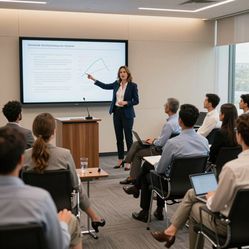 A presenter stands before a digital display in a conference room, pointing to a graph while an audience watches.