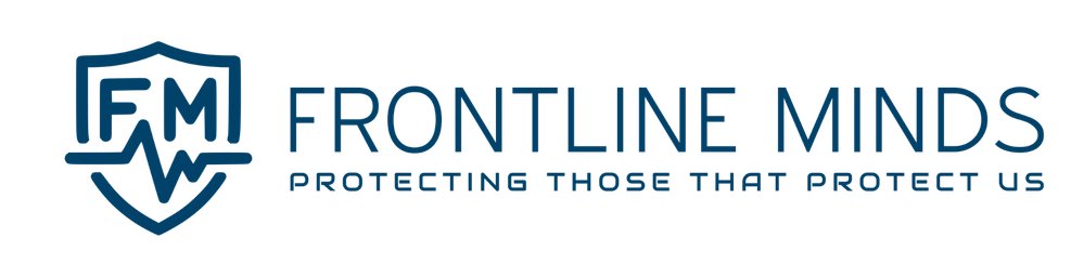Logo for Frontline Minds featuring a blue shield icon with 'FM' and a pulse line, with the text 'PROTECTING THOSE...'.
