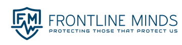 Logo for Frontline Minds featuring a blue shield icon with 'FM' and a pulse line, with the text 'PROTECTING THOSE...'.