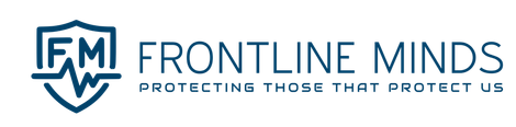 Logo for Frontline Minds featuring a blue shield icon with a heartbeat line and the text, 