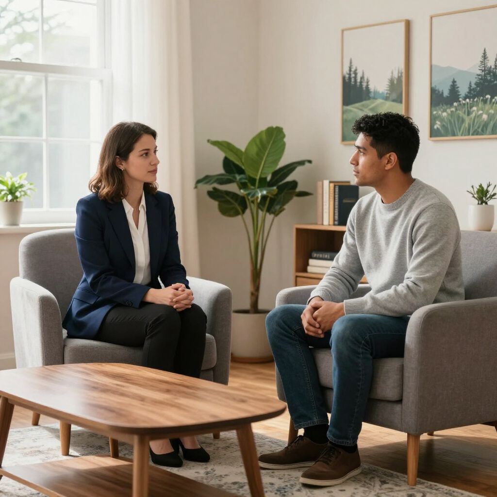 A professional woman and a man sit in armchairs across from each other in a bright, modern office for a consultation.