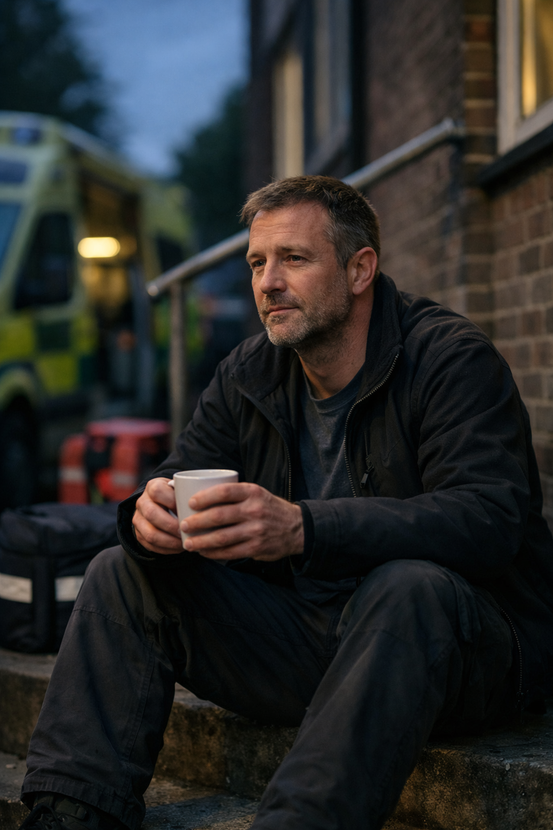 A person sits on steps holding a white mug, wearing dark clothes with an ambulance visible in the blurred background.