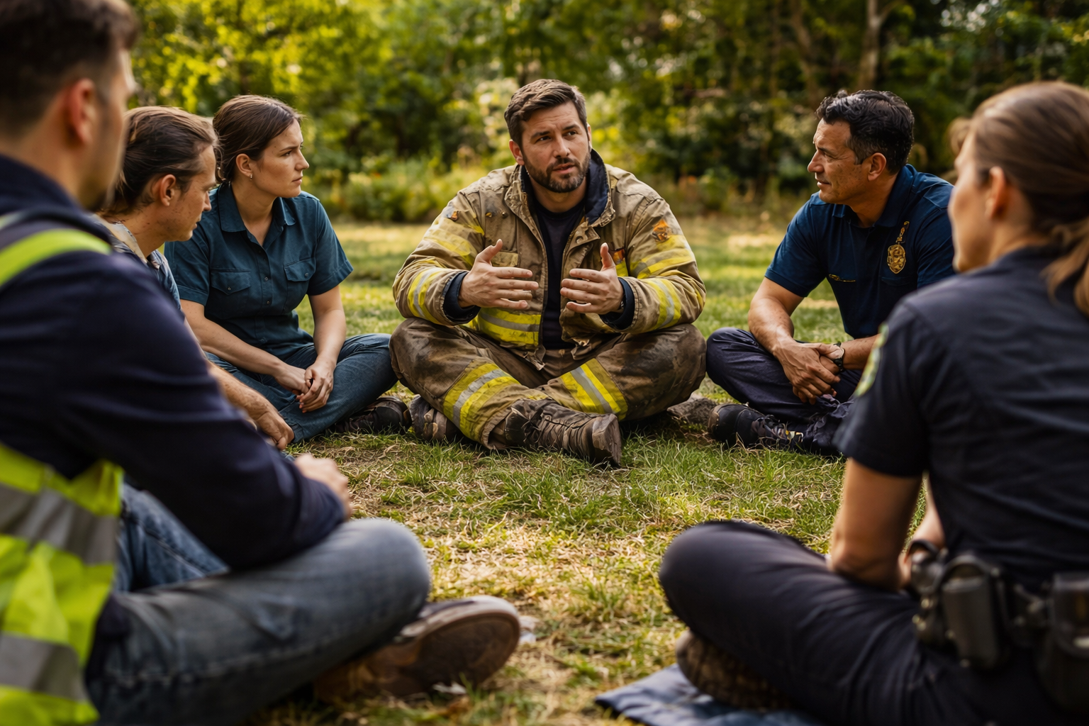 A group of people in emergency response uniforms sit in a circle on the grass, listening to one person speak.