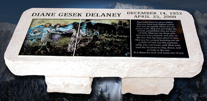Gravestone of Diane Gesek Delaney with birth and death dates, photo of people, and text.