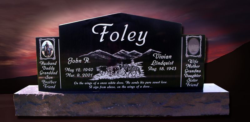A black granite headstone with the name Foley and photos, inscribed with dates and relationships.