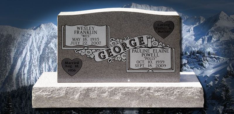 Gravestone with names and dates, mountains in the background.