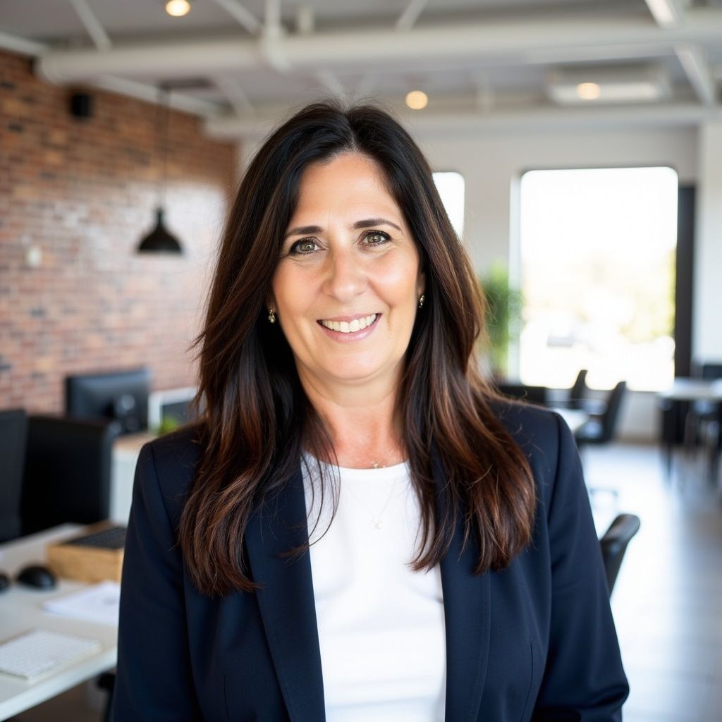A woman is sitting at a desk with a laptop and a vase of flowers.