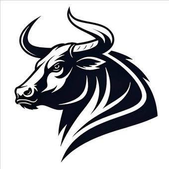 Black and white illustration of a bull's head with curved horns, a determined expression, and strong neck muscles.