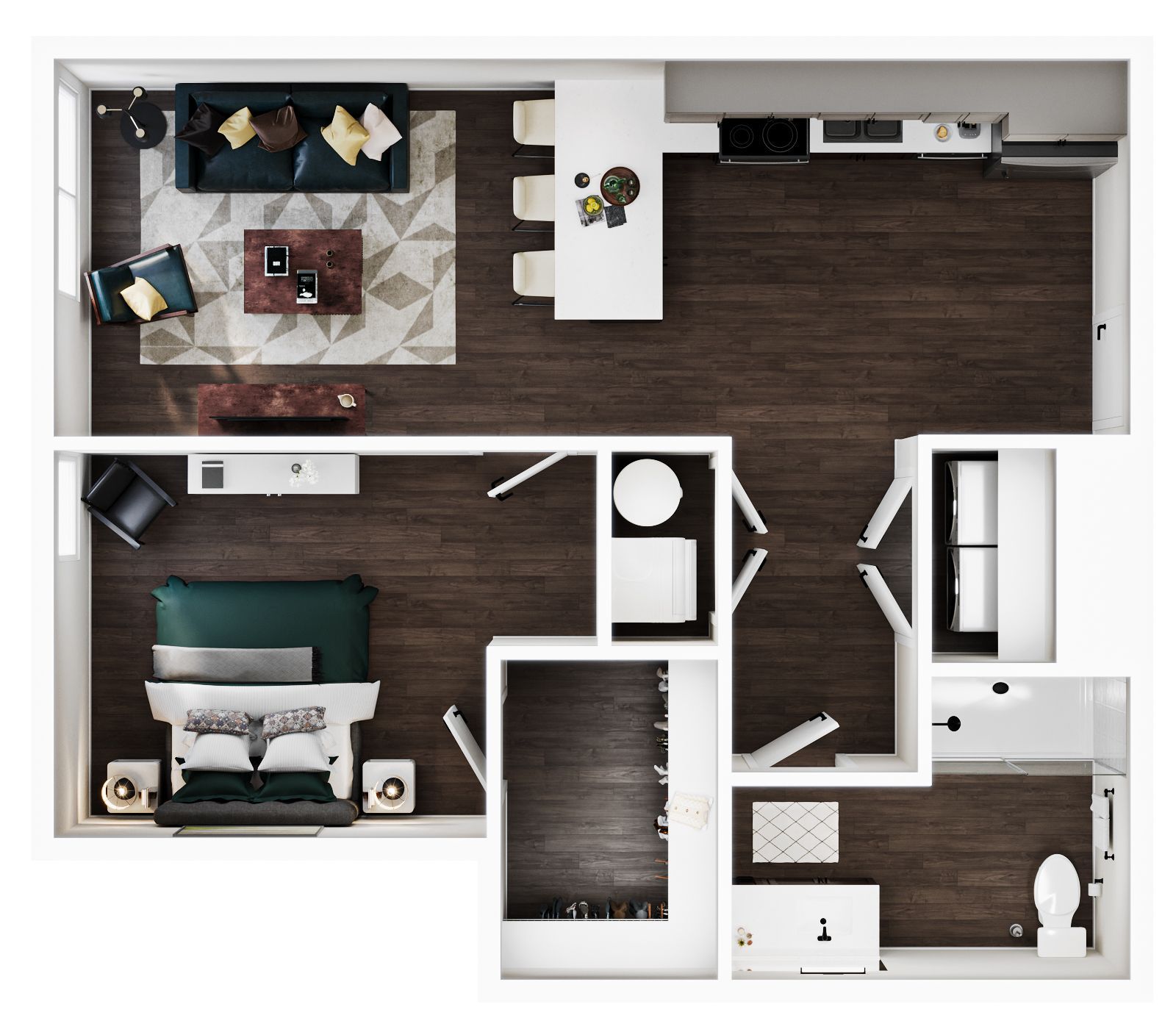 A top-down floor plan of a one-bedroom apartment featuring an open living area, kitchen, bathroom, and walk-in closet.
