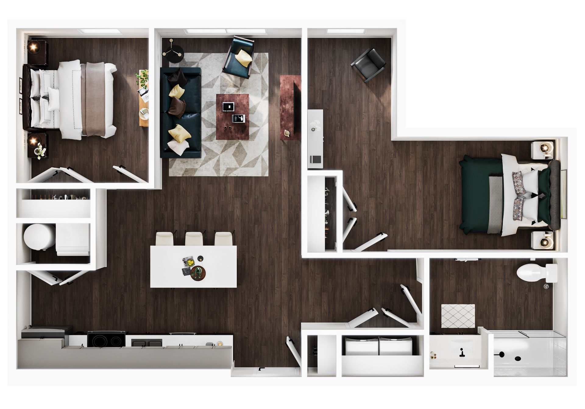 A top-down floor plan showing a furnished two-bedroom, two-bathroom apartment with a kitchen, dining, and living area.