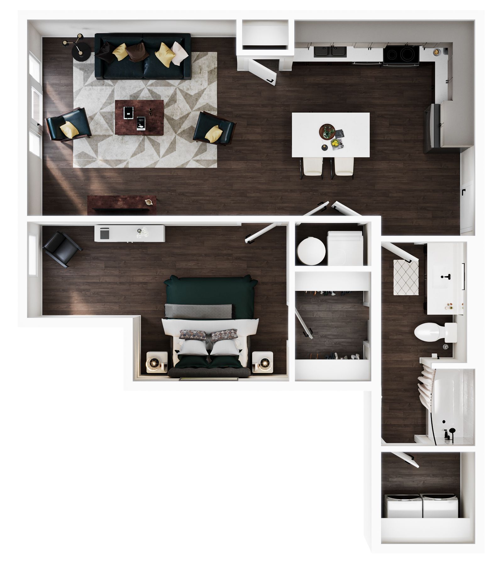 A 2D floor plan of a one-bedroom apartment featuring a kitchen, living area, bedroom, bathroom, and laundry closet.