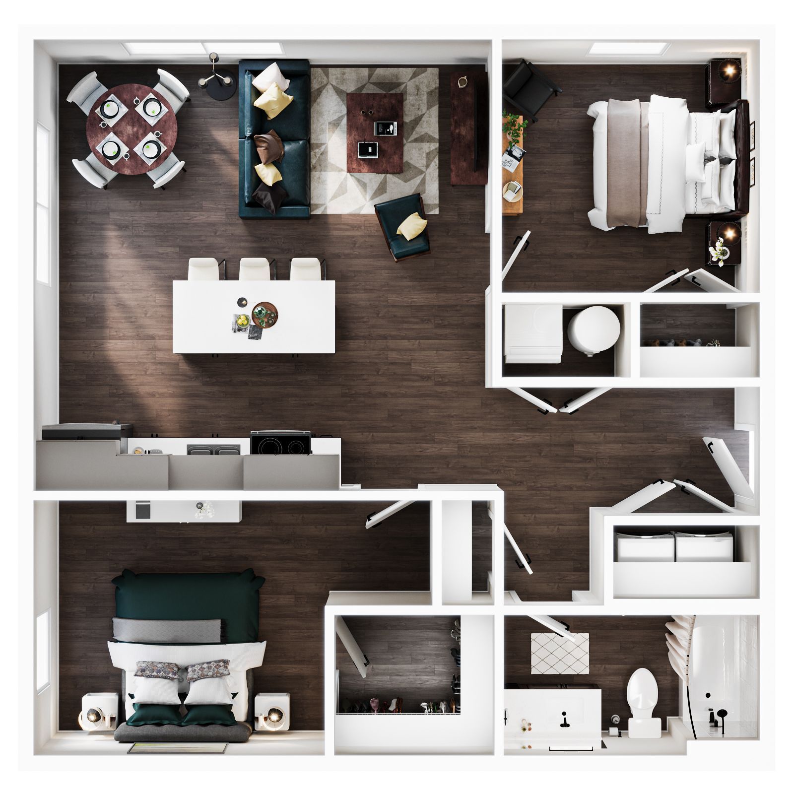 Floor plan of a two-bedroom apartment with a living area, dining space, kitchen, and two bathrooms with dark wood floors.