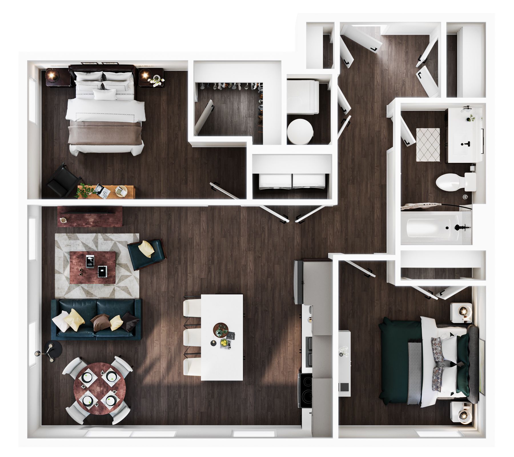 A 2D floor plan of a two-bedroom apartment with a living area, kitchen island, dining space, and two bathrooms.