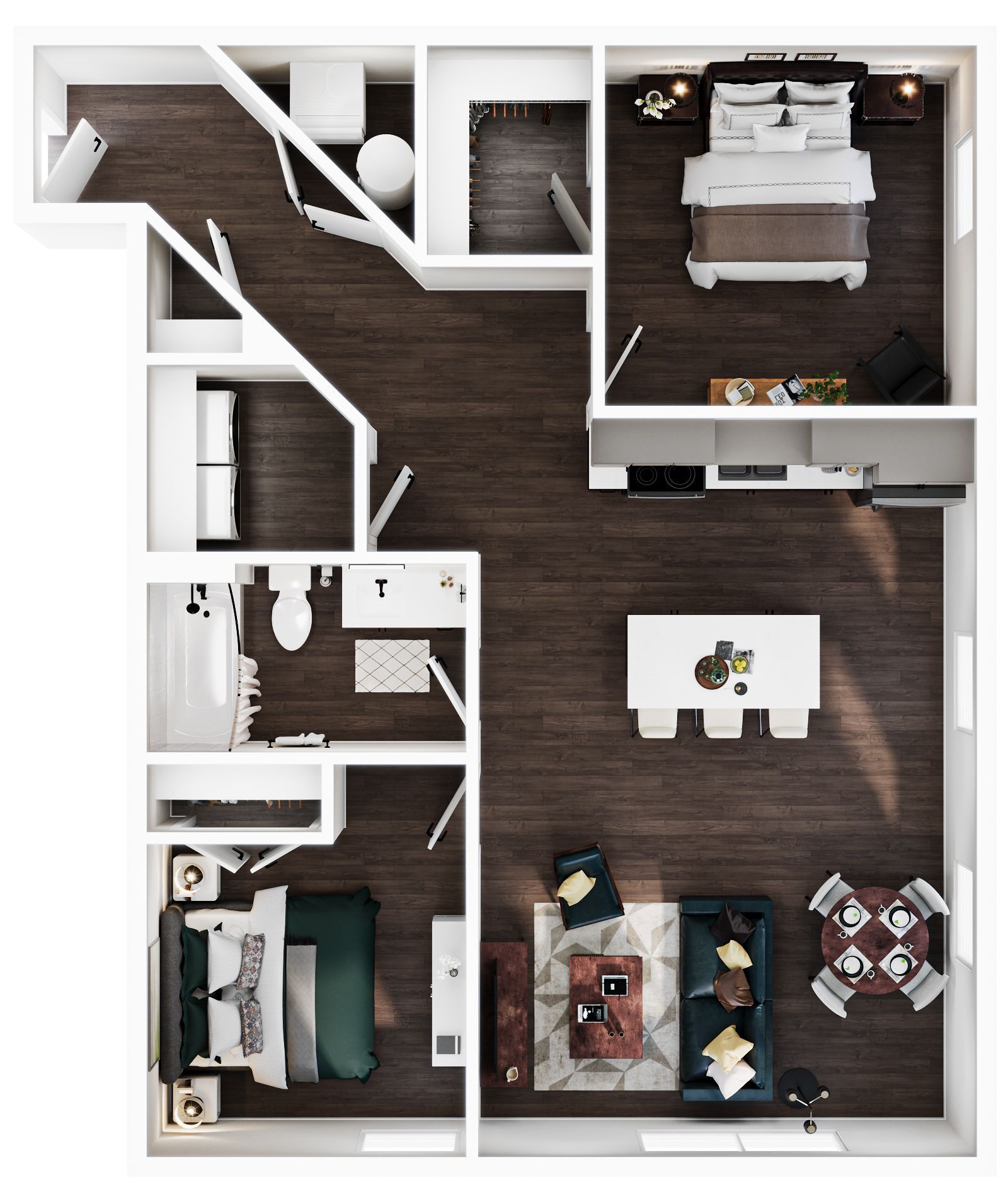 2D top-down floor plan of a two-bedroom, two-bathroom apartment with open kitchen, dining, and living area.