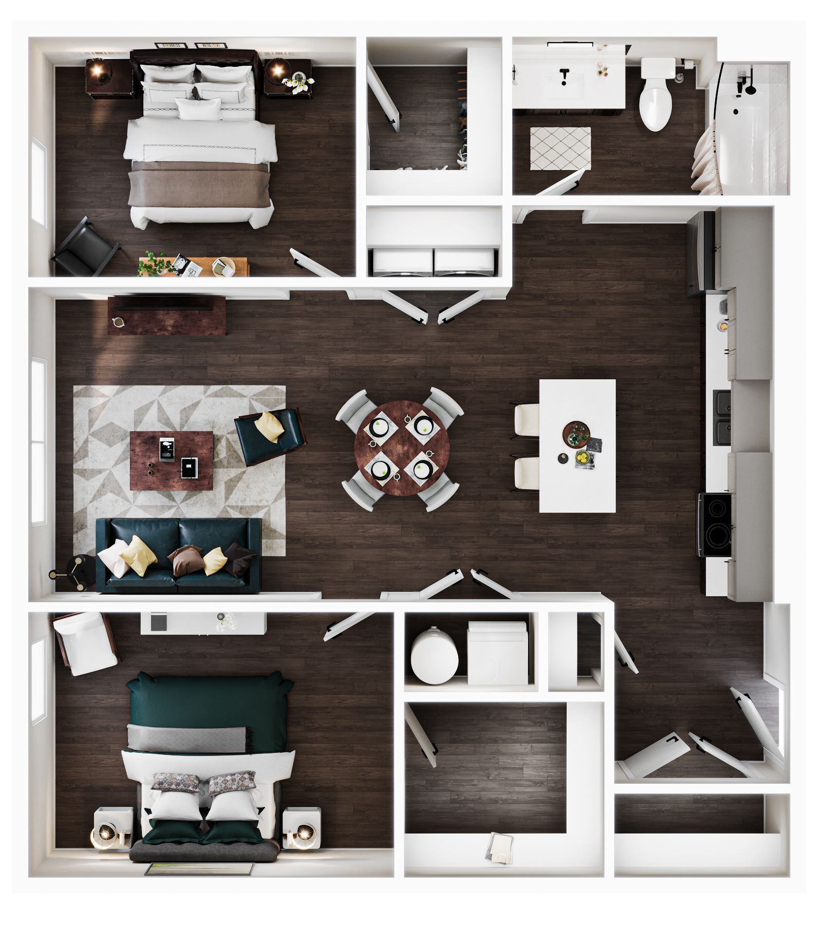 A top-down 2D floor plan of a two-bedroom apartment with dark wood floors, a central living area, and two bathrooms.