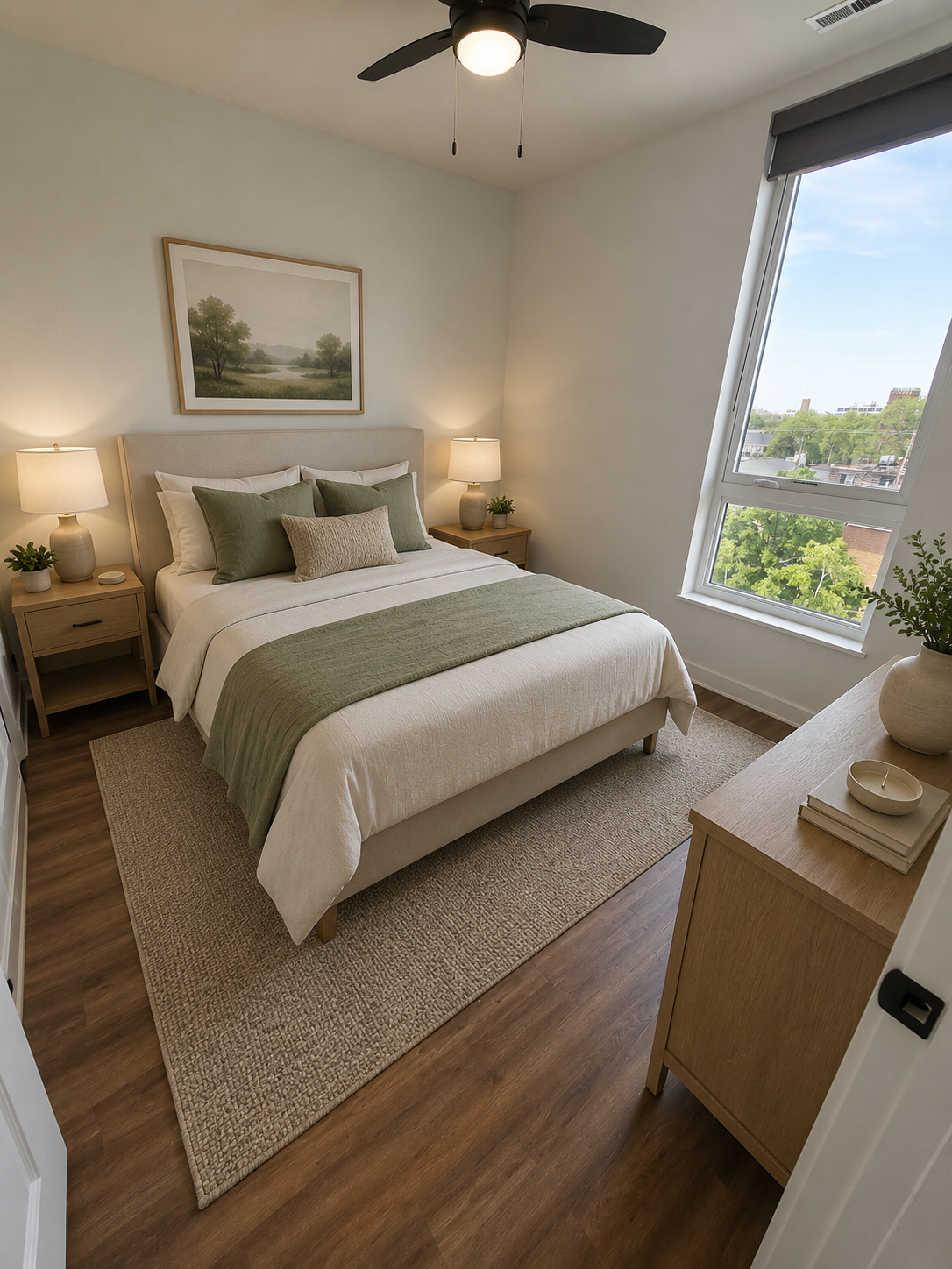Cozy bedroom with a bed, nightstands, window, and neutral decor in soft beige and green tones