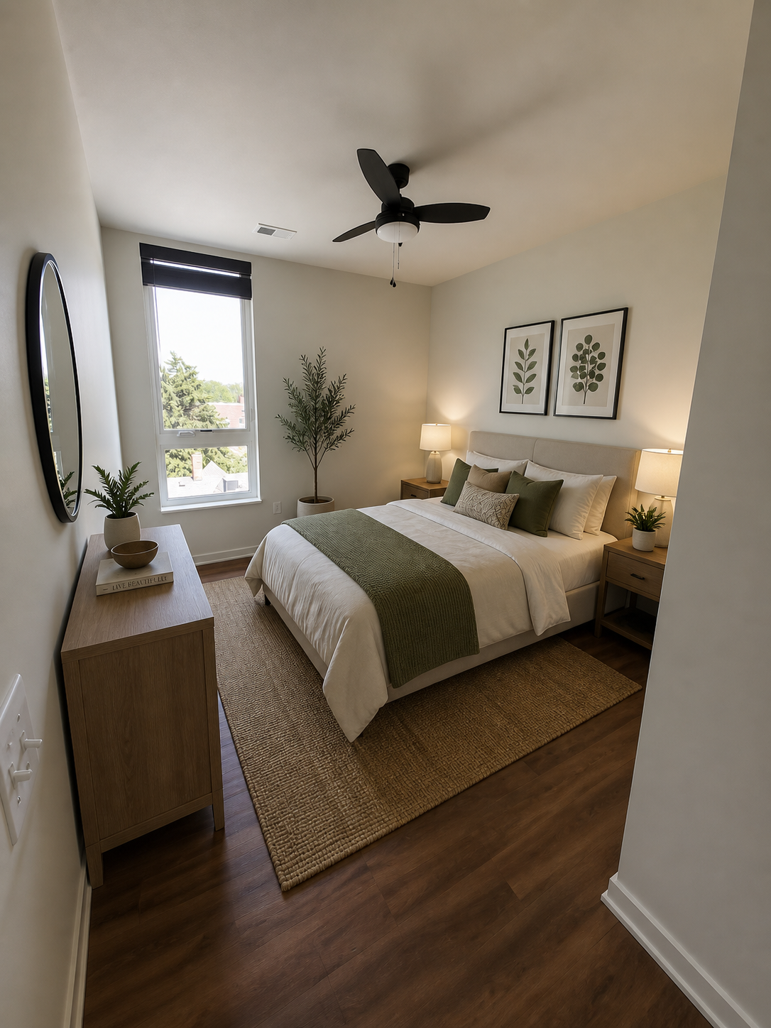 Bright bedroom with a bed, ceiling fan, dresser, window, and two framed prints