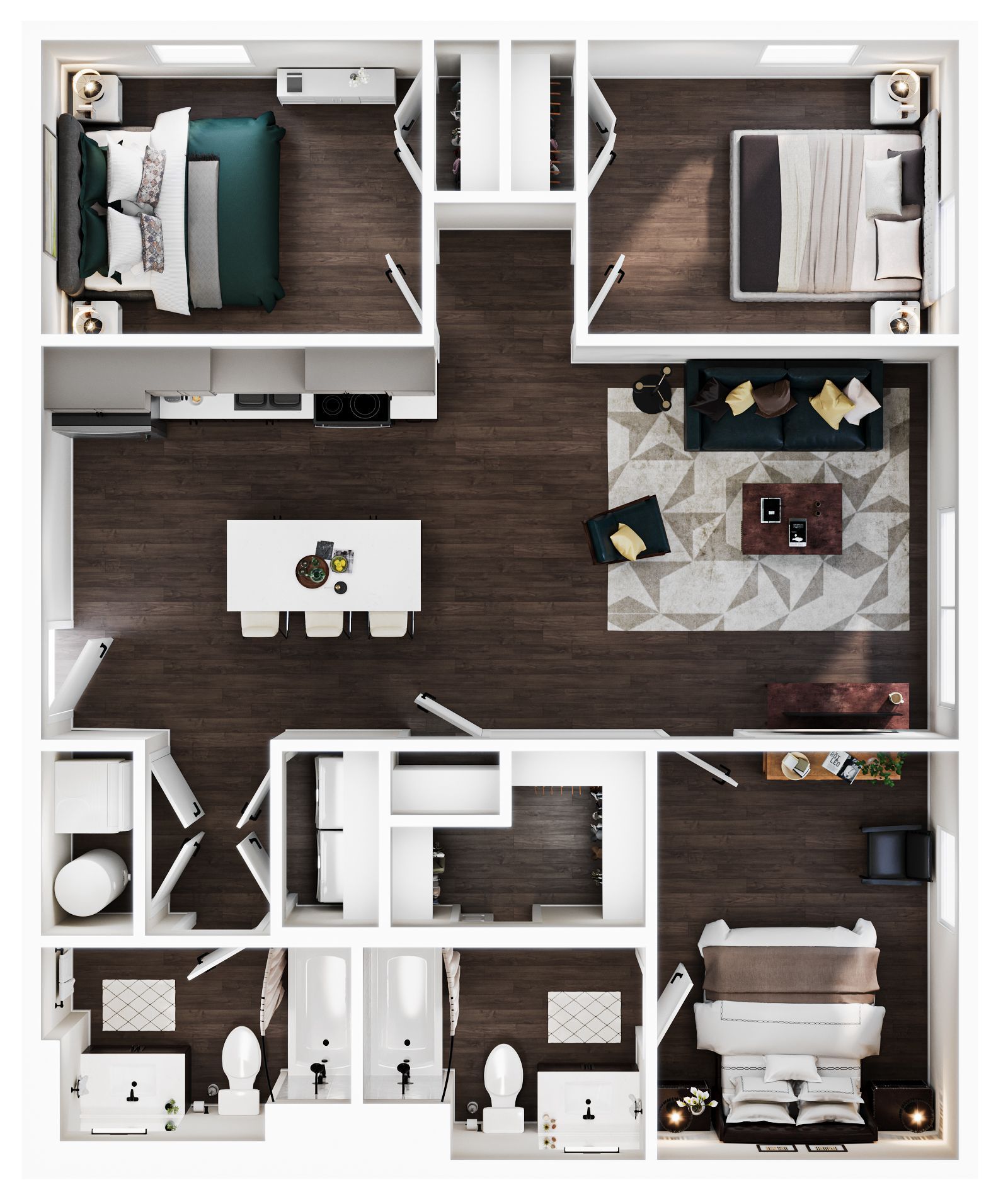 Floor plan of a three-bedroom apartment featuring a central kitchen, dining area, living room, and two bathrooms.