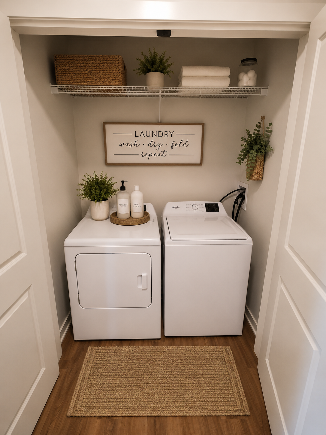 Small laundry nook with a white dryer, washer, shelves, baskets, plants, and woven rugs in a closet space
