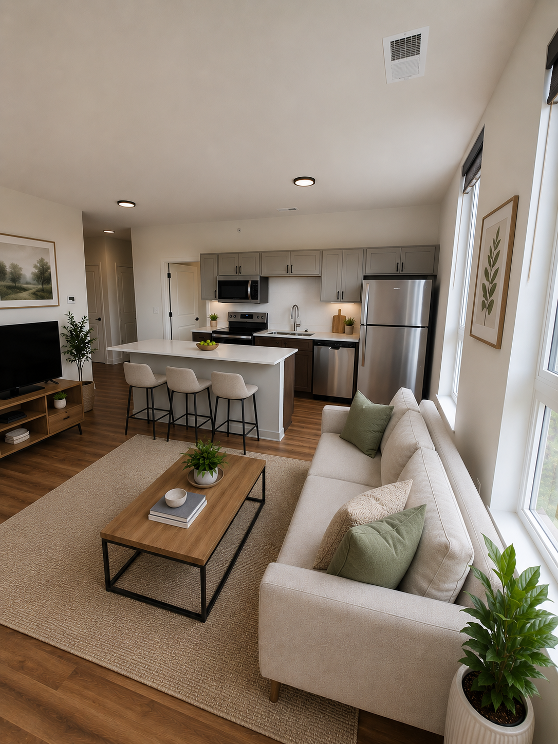 Bright modern open-plan living room and kitchen with white sofa, island stools, wood accents, and plants.
