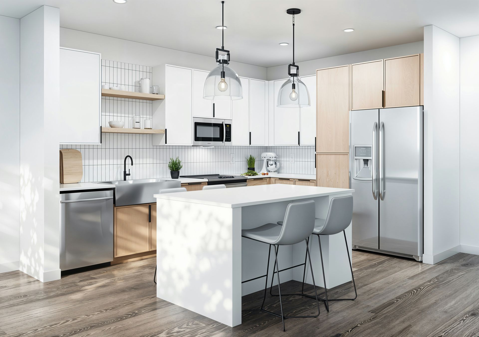 Modern kitchen with white and light wood cabinets, stainless steel appliances, and a kitchen island with two chairs.