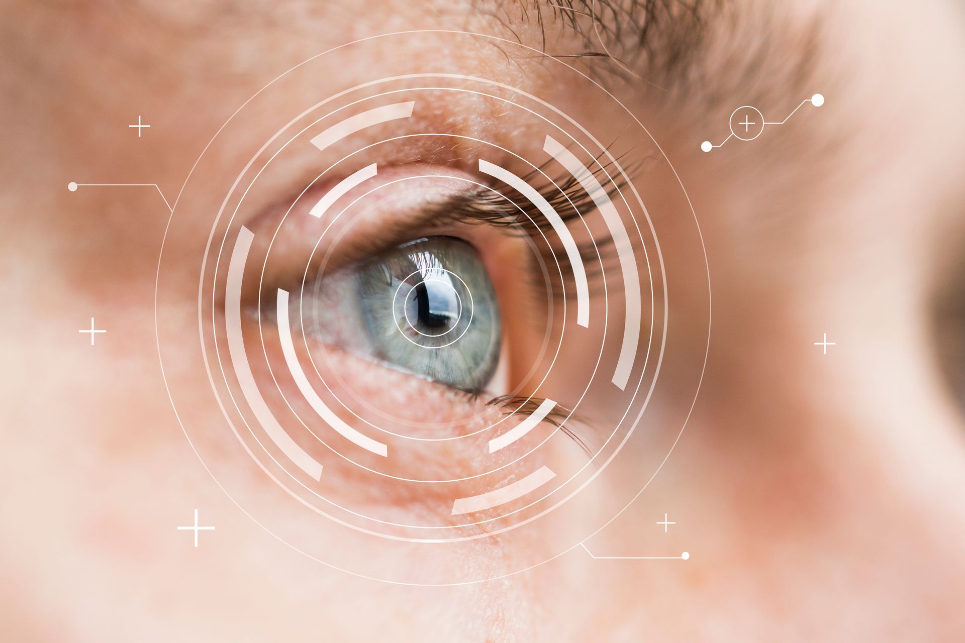close up of eye with medical technology concep