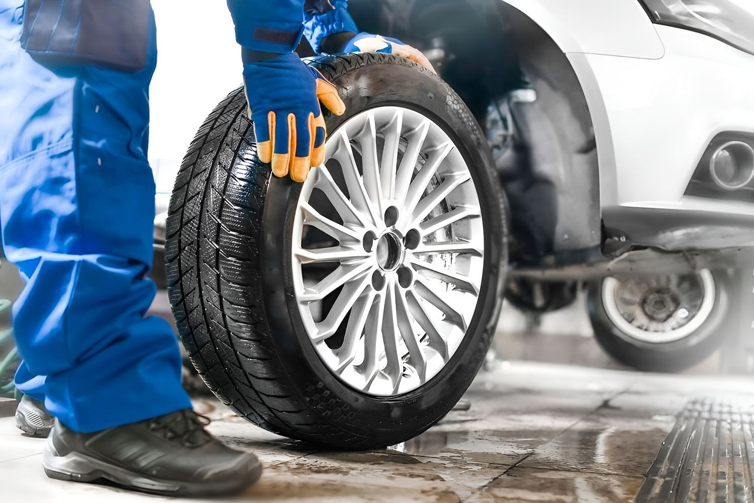 A Mechanic Inspects A Car’s Tyre And Rim Assembly