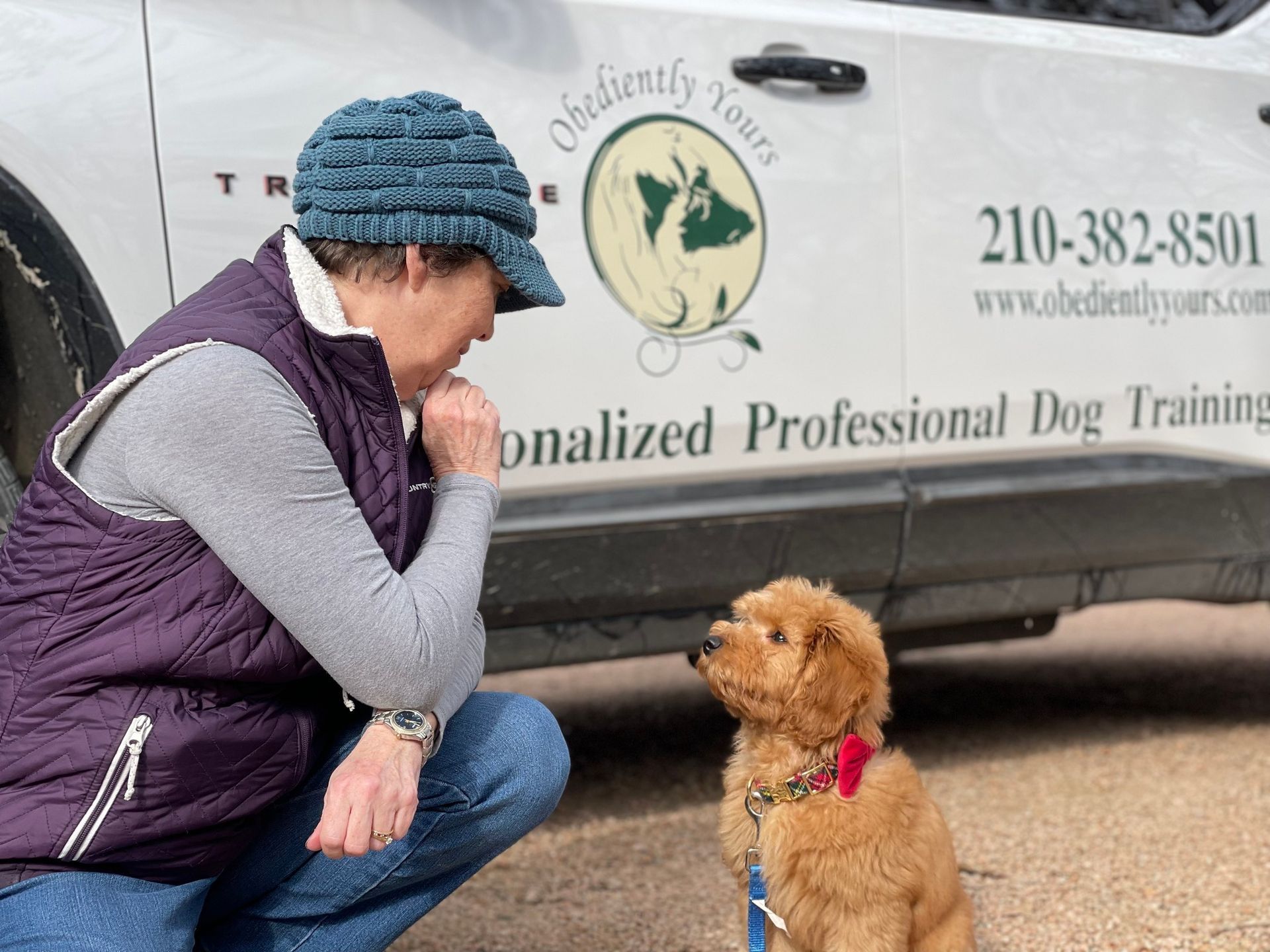 A woman is kneeling down next to a dog in front of a van that says obviously yours