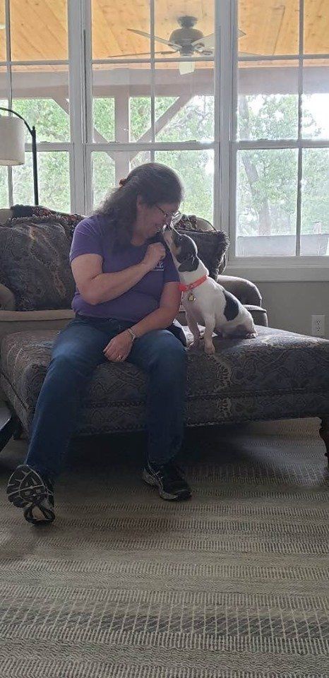 A Woman Is Sitting On A Couch Petting A Black And White Dog