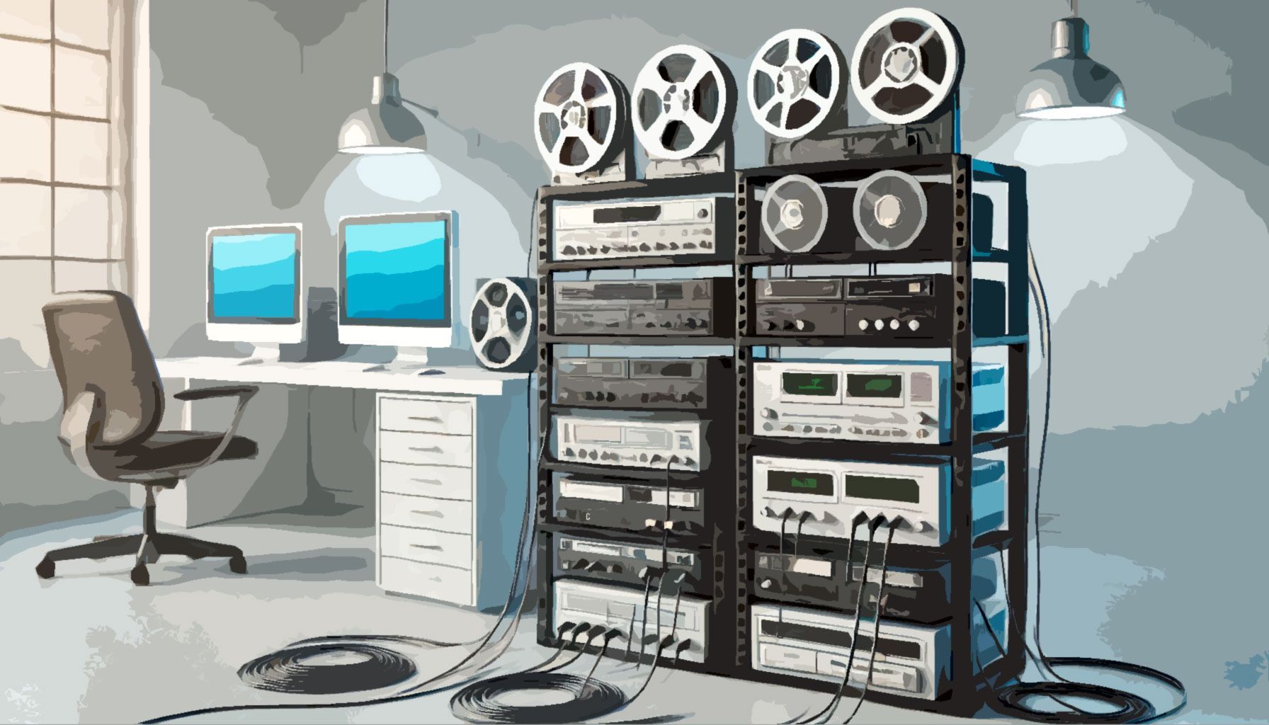 Vintage video cassettes and film reels connected to a modern computer for video transfer.