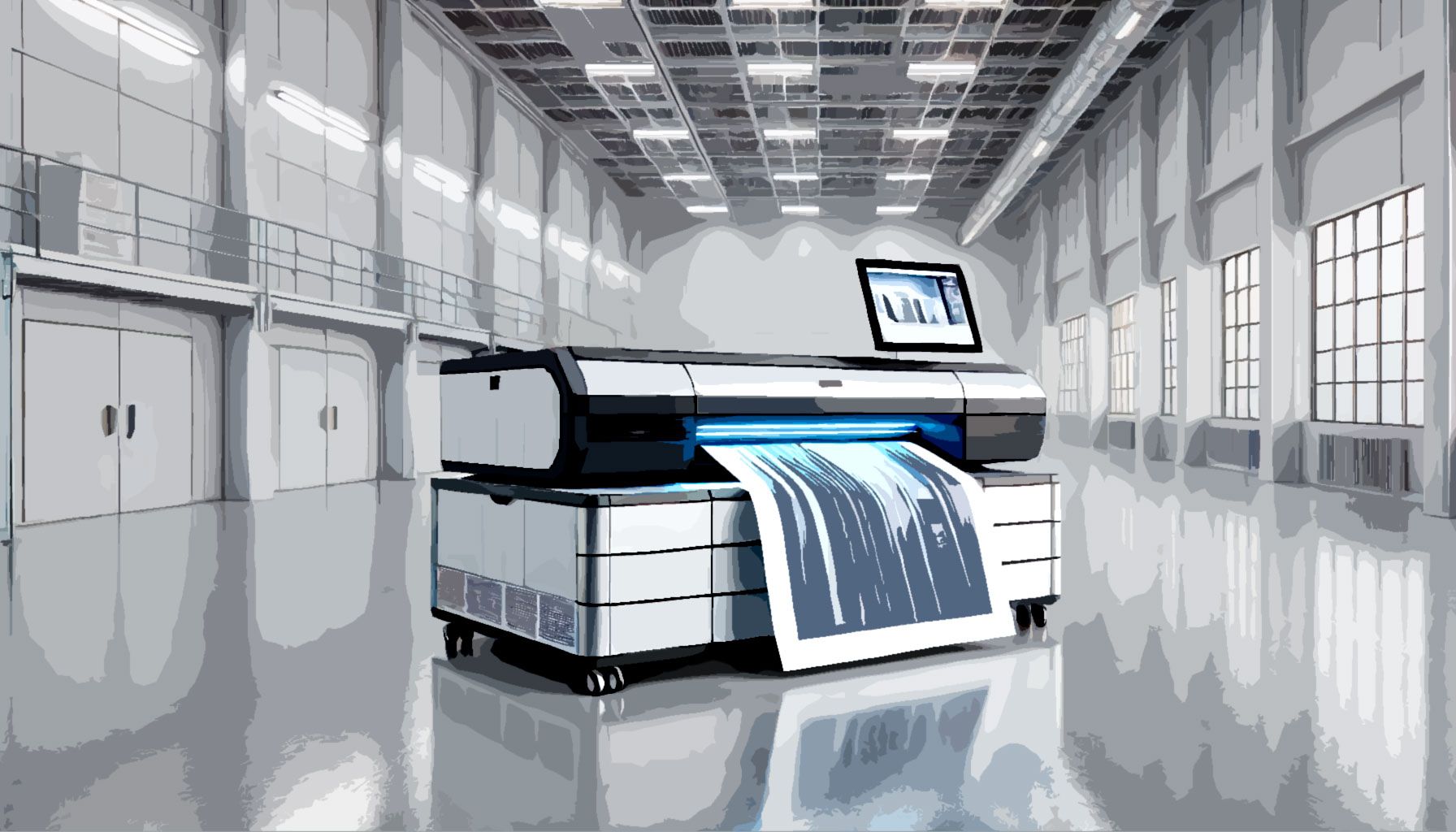 Futuristic large-format photo printer in a modern warehouse, used for premium photo prints.