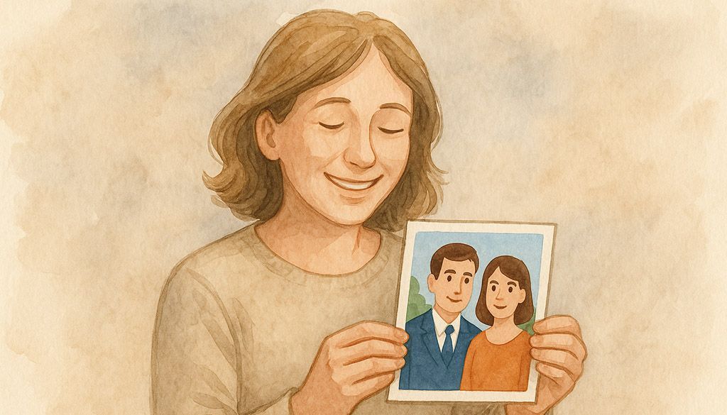 Smiling woman holding a restored photo, showing the transformation from damaged to renewed.