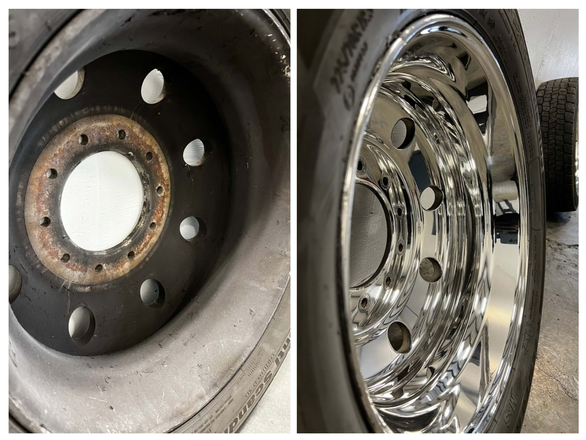 Before and After photo of a polished Alcoa wheel