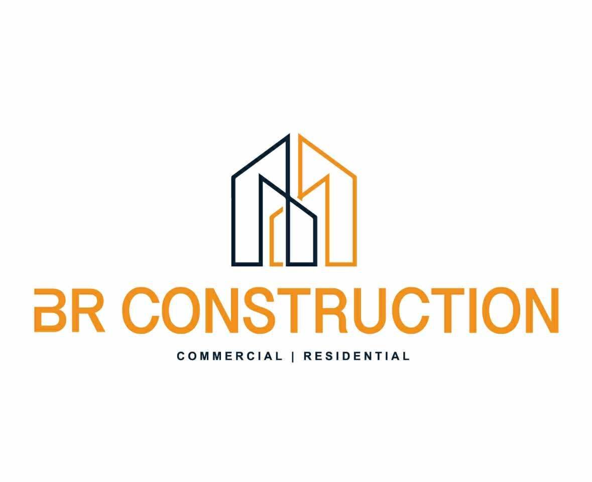 Logo for BR Construction with building graphic and text. Orange and navy colors.