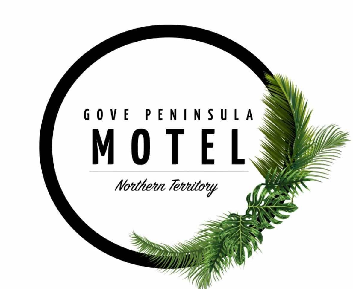 Logo: Gove Peninsula Motel with black circle, green leaves, and text