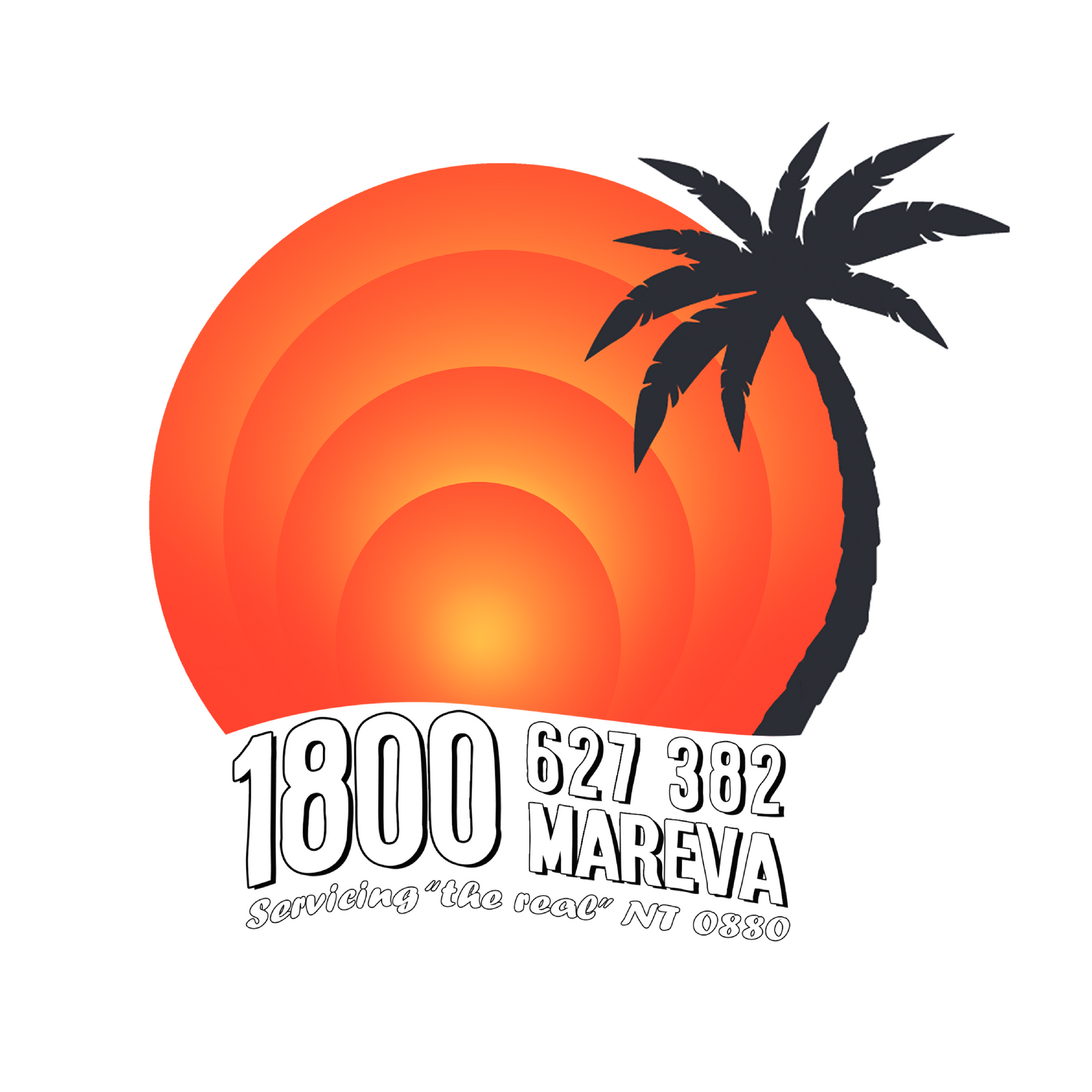 Sunset graphic with palm tree, phone number, and text: