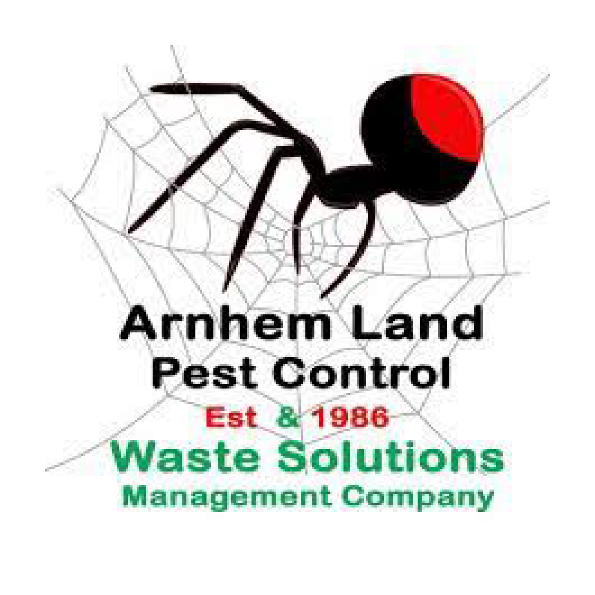Black spider on web with red back, Arnhem Land Pest Control logo.