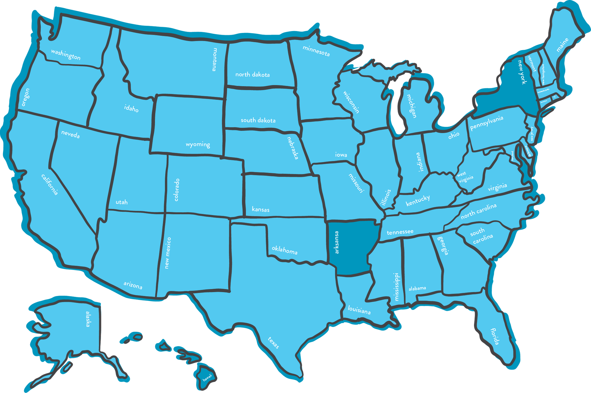 A blue map of the united states with arkansas highlighted