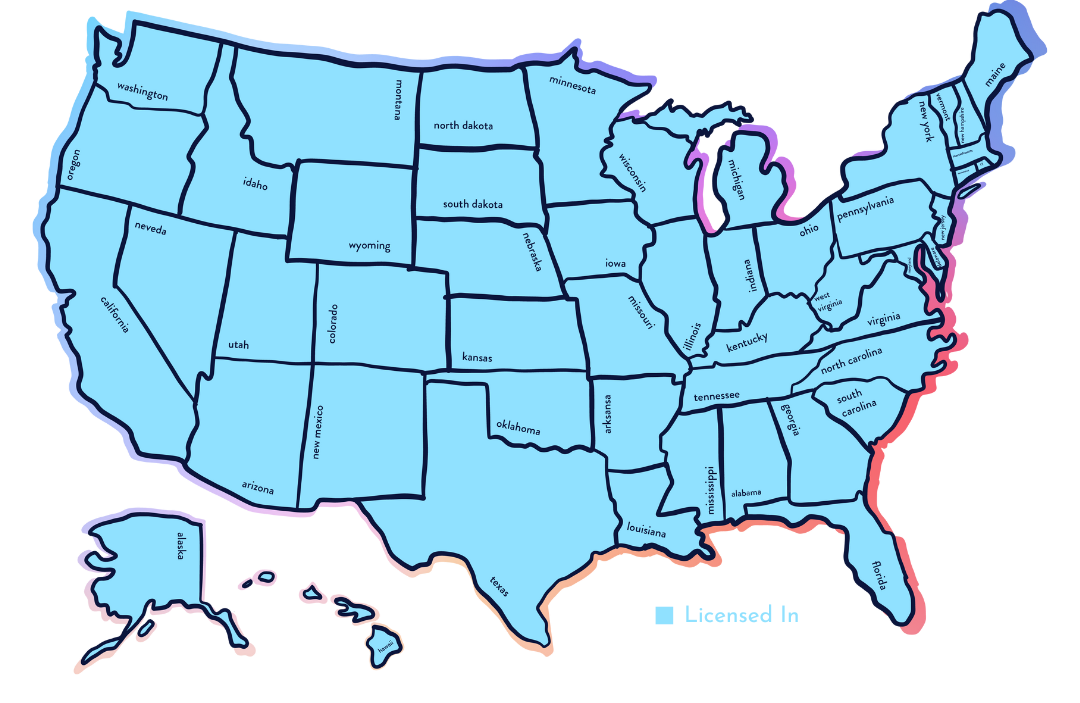A blue map of the united states with a red border