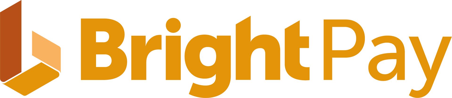 BrightPay logo, orange text and abstract shape.