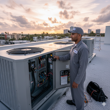HVAC technician on a rooftop, inspecting an air conditioning unit. Gray uniform, sunset sky.