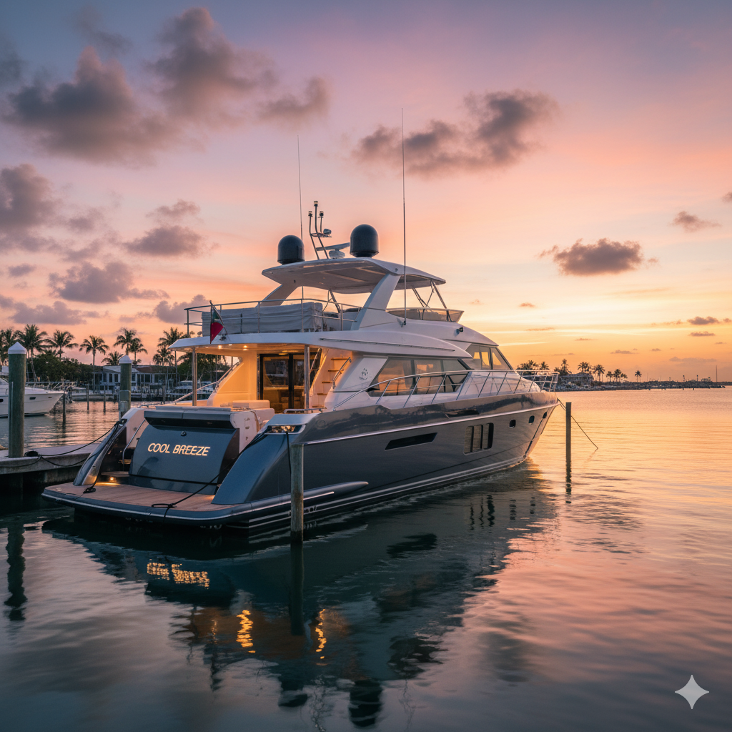 Luxury yacht docked at a marina at sunset; reflecting in the calm water with colorful sky.