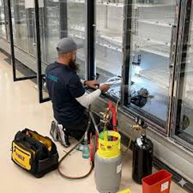 Man repairing a refrigerator, with tools and gas tanks. Inside a grocery store.
