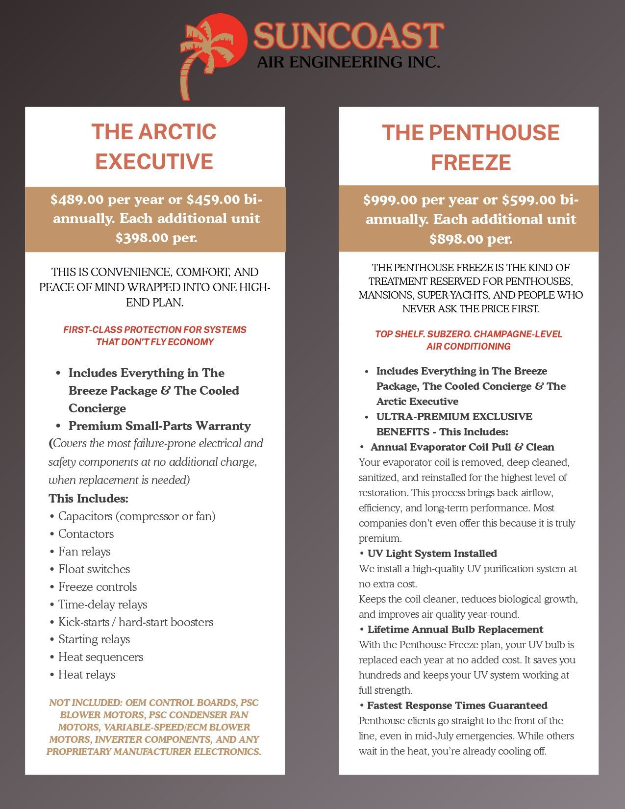 Brochure for Suncoast Architects, listing Arctic Executive and Penthouse Freeze packages.