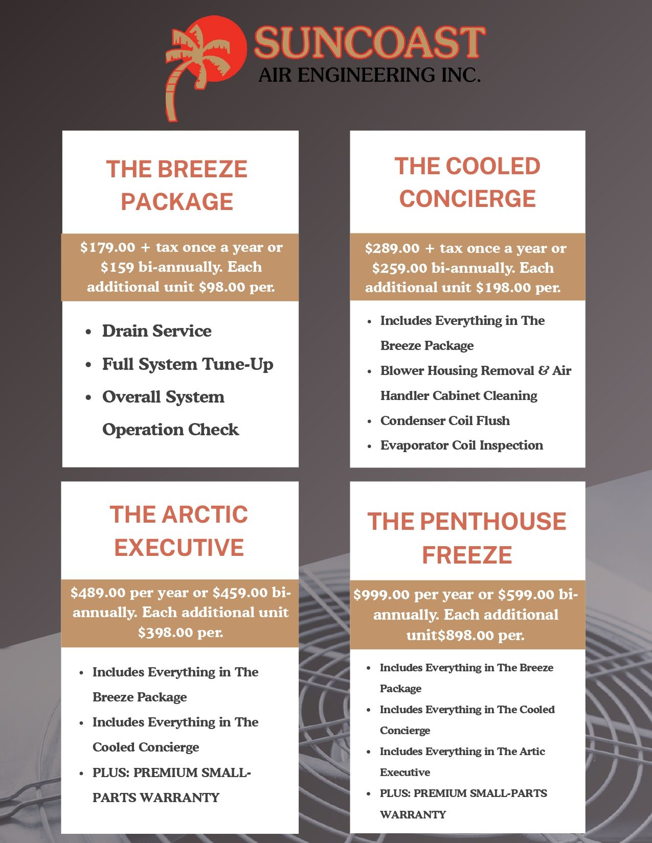 Pricing packages for HVAC services: The Breeze, Cooled Concierge, Arctic Executive, and Penthouse Freeze.