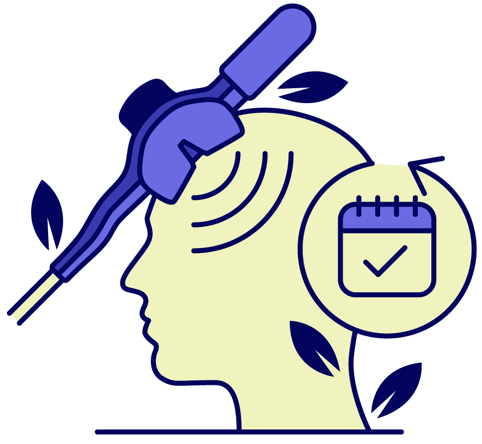 A profile head with a device emitting waves. A calendar with a check mark is to the side.