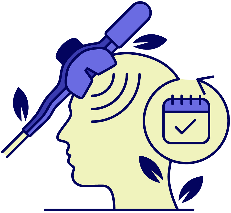 Person wearing a brain stimulation device, calendar with checkmark, leaves, blue and yellow color scheme.