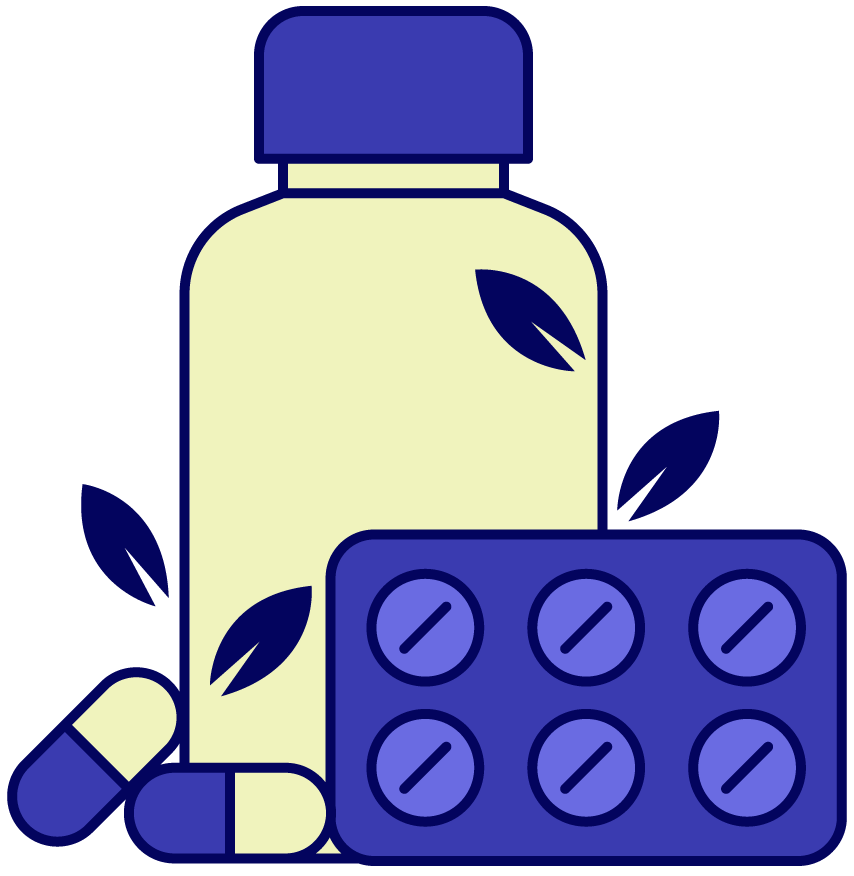 Bottle and blister pack of pills, with a few loose capsules and leaf accents, in shades of blue and cream.