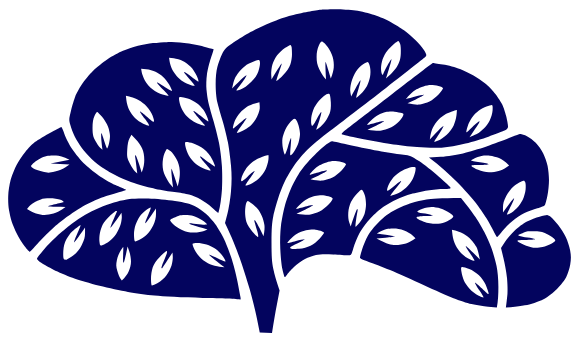 Navy blue tree illustration with white leaves.